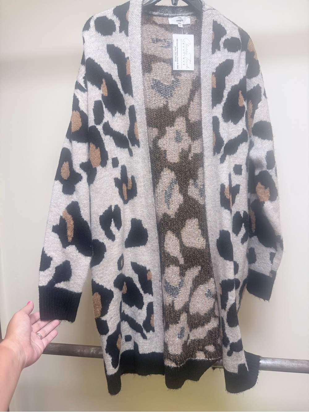 entro Leopard Open-Front Cardigan in Black, Beige & Brown